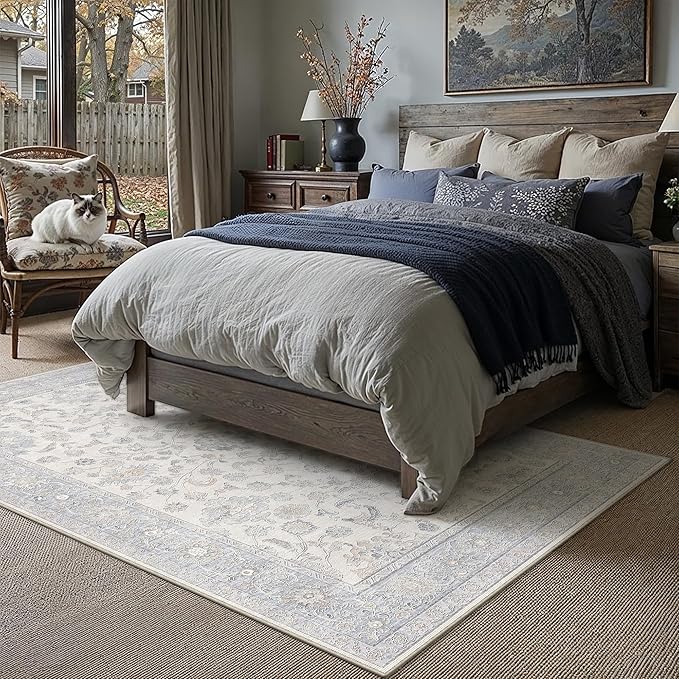 6x9 Blue Washable Area Rug for Living Room Bedroom Neutral Soft Floral Non Slip Thin Throw Rug Lightweight Vintage Low Pile Distressed Carpet Doormat Office Playroom Dining Room Classroom