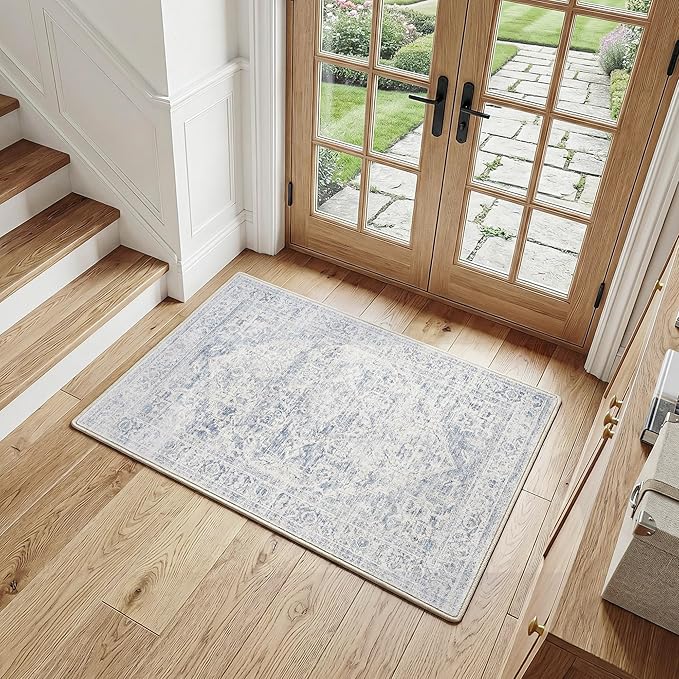FMFUNCTEX Entryway Rug 2x3 Washable Blue Vintage Distressed Oriental Door Mat Non Slip Low Pile Indoor Carpet Soft Retro Small Throw Area Rugs for Entry Way Entrance Bedroom Kitchen Bathroom Laundry