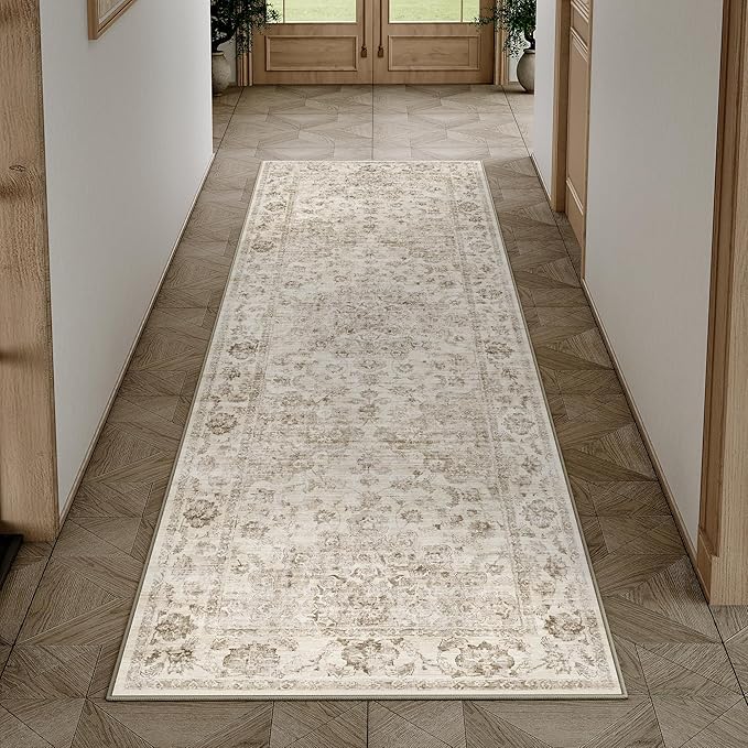 3x8 Washable Neutral Runner Rug Beige Vintage Hallway Kitchen Carpet Non-Slip Soft Low Pile Farmhouse Throw Rug for Bedroom Bathroom Laundry Living Room