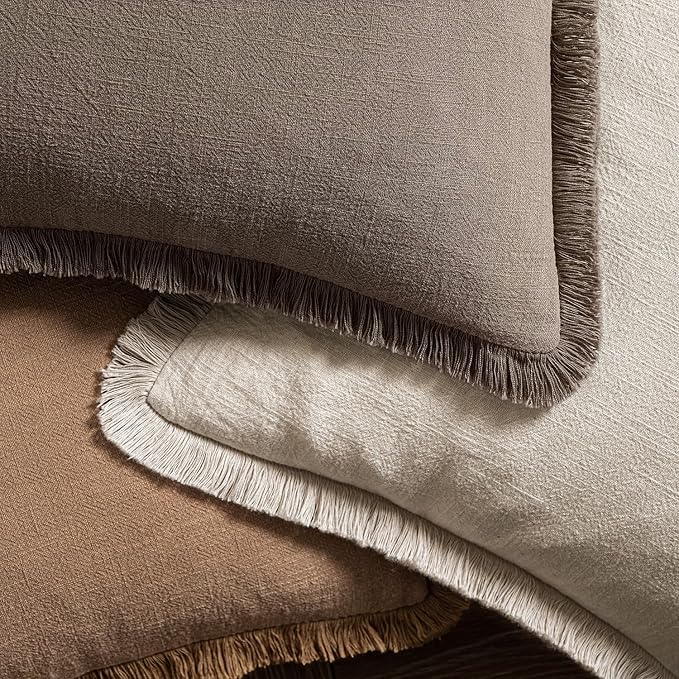 MIULEE Decorative Throw Pillow Covers Neutral Linen Fringe Throw Pillows Set of 2 Natural Coffee Boho Farmhouse Cushion Covers with Tassels for Couch Sofa Bed Living Room Spring Decor 20x20 Inch