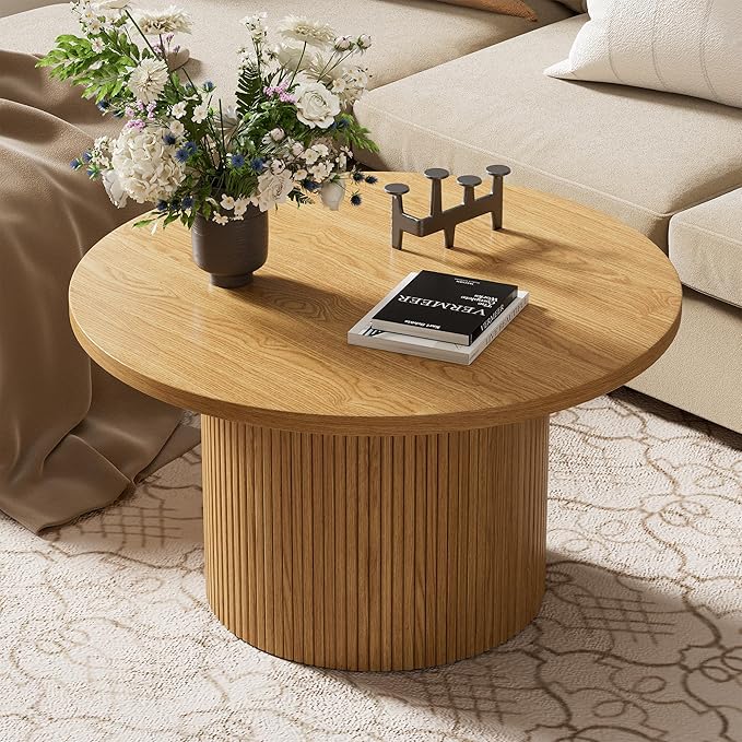 Furniway Round Coffee Table, 35.4" Circle Wide Coffee Table, Wood Table and Center Table for Living Room, Natural