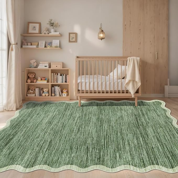 GarveeHome Scalloped Washable Rug 5x7 Area Rugs for Living Room Modern Abstract Green Non Slip Throw Rugs Bedroom Rugs Low Pile Soft Non Shedding Stain Resistant Carpet for Dining Room Nursery 5'x7'