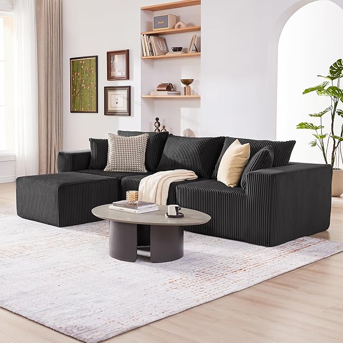 Weture 107.4" Cloud Couch Sectional, Modular Sofa with Deep Seat, Plush Corduroy L Shaped Boneless Couch, Convertible Sectional Couches for Living Room, 4Seat, Black