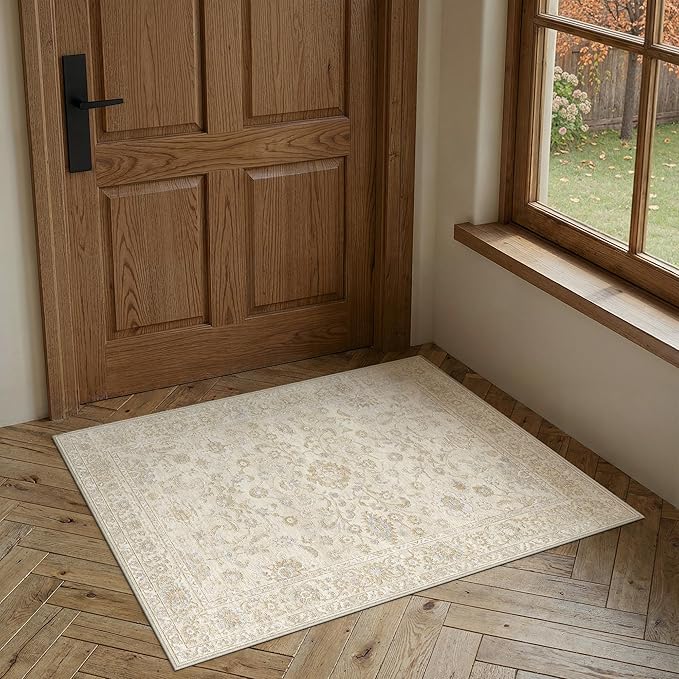 2x3 Beige Washable Area Rug for Living Room Bedroom Neutral Soft Floral Non Slip Thin Throw Rug Lightweight Vintage Low Pile Distressed Doormat Entrance Dinning Laundry Room Kitchen