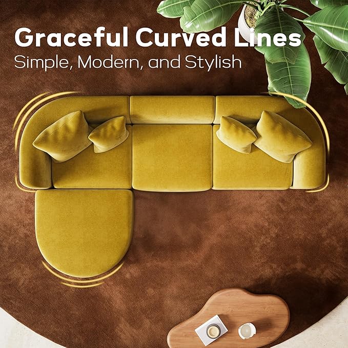 116" Modular Sectional Couches with Ottoman, Luxury Modern Curved Back Sofa, Minimalist Style Oversized 4 Seat Deep Comfy Convertible L Shape Boneless Couch for Living Room Studio Apartment, Yellow