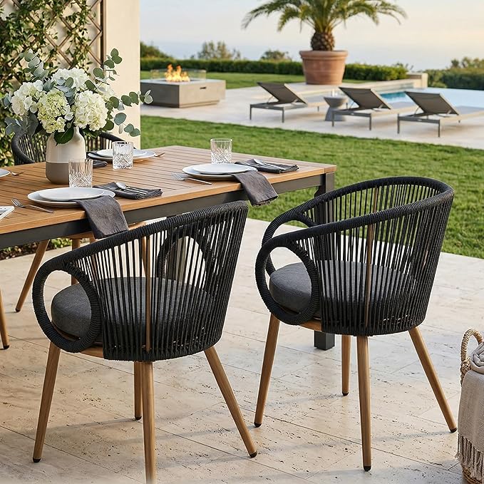 Modern Outdoor Dining Chair Set of 2 with Cushion, Scandinavian Rope Woven Patio Armchairs, Wood-Look Metal Frame, Weather-Resistant Balcony Backyard Dining Seating, Dark Grey