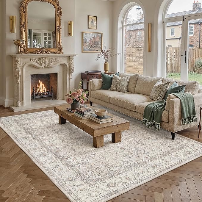 9x12 Washable Vintage Area Rug Beige Oriental Living Room Bedroom Throw Rug Neutral Non Slip Soft Low Pile Carpet for Dining Room Office Nursery Indoor