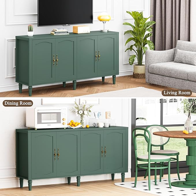 fineway 63" Sideboard Buffet Cabinet, Mid Century Modern Credenza Storage Cabinet with Carved Handle & Adjustable Shelves, Buffet Table Kitchen Coffee Bar for Living Room Dining Room - Green