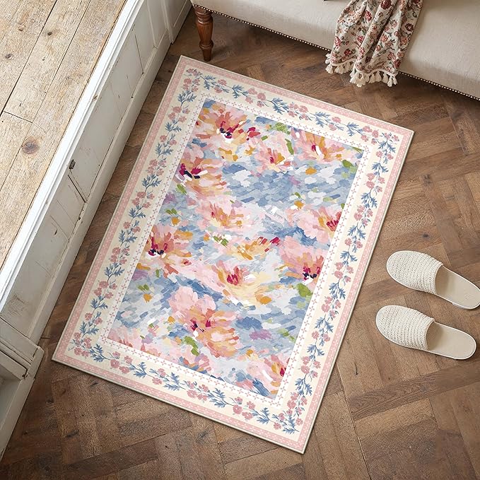 2x3 Washable Area Rug for Entryway Pink Blue Floral Abstract Soft Throw Rug Modern Non Slip Low Pile Small Carpet for Kitchen Bathroom Living Room Bedroom