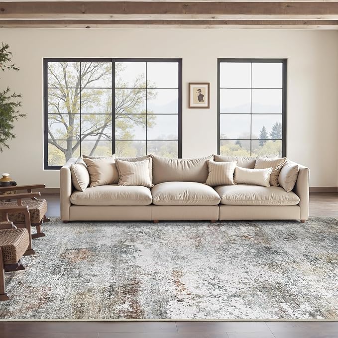 Art&Tuft 9x12 Area Rug - Abstract Large Area Rugs with Anti-Slip Backing, Stain Resistant Area Rugs 9x12 Living Room, Foldable Machine Washable Area Rug(9'x12', Grey/Rust)