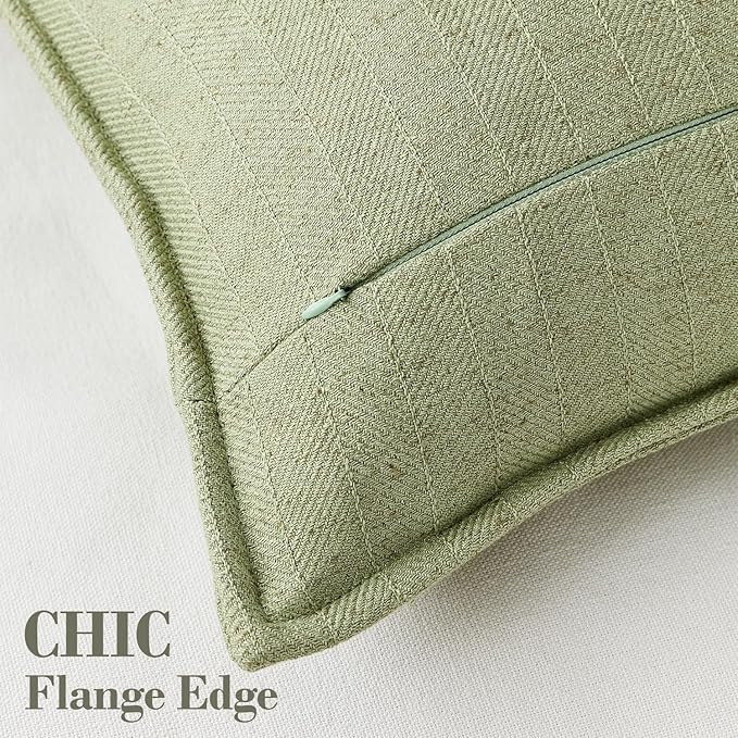 DEZENE 12x20 Linen Pillow Covers Sage Green Pack of 2 Farmhouse Boho Neutral Accents Striped Textured Rectangular Lumbar Decorative Throw Pillow Cases for Living Room Couch Bed Home Decor