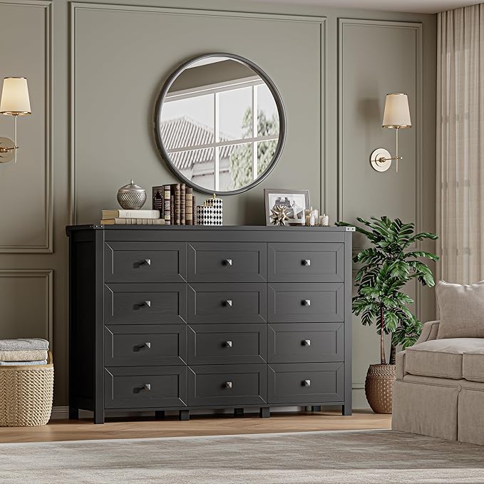 BORNOON 12-Drawer Dresser, Modern Wooden Storage Chest of Drawers, Dresser TV Stand, Wood Drawer Organizer with Metal Handles for Bedroom, Living Room, Hallway