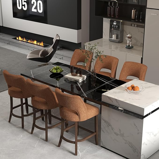 VKNOW Bar Stools Set of 2, 26" Upholstered Counter Height Bar Stools,Modern Counter Stools with Wood Legs for Kitchen Island Dining Room,Orange