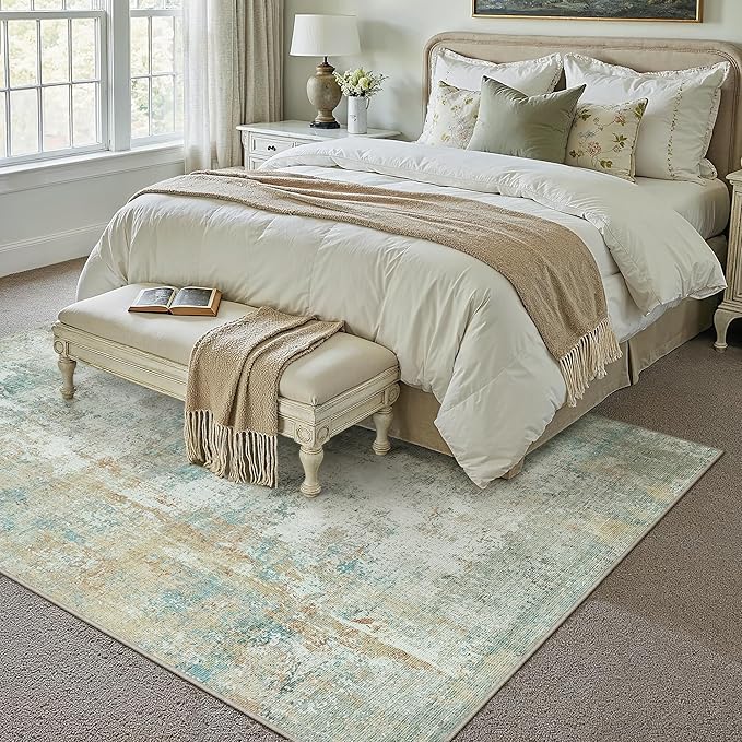10x14 Washable Area Rug Teal Beige Abstract Non Slip Soft Low Pile Rug for Living Room Bedroom Dining Room Office Neutral Modern Indoor Large Throw Carpet for Home Decor