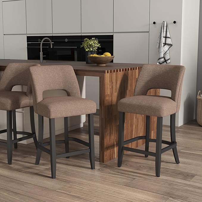 VKNOW Bar Stools Set of 2, 26" Upholstered Counter Height Bar Stools, Modern Counter Stools with Black Legs for Kitchen Island Dining Room Bar, Brown-Black Legs