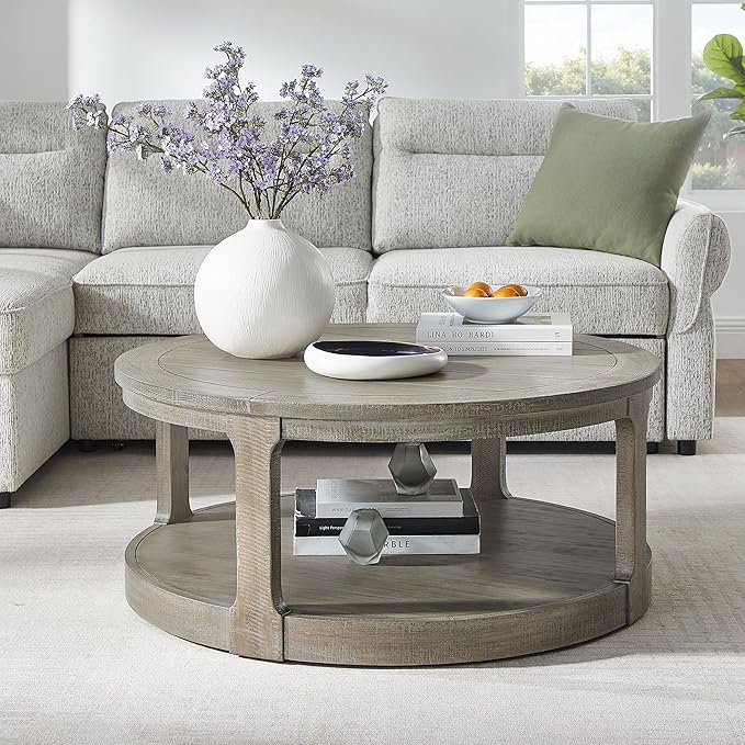 WILLIAMSPACE 40" Round Coffee Table with Wheels, Circle 2 Tier Solid Wood Center Coffee Table, Mid Century Retro Farmhouse Rounded End Table for Living Room Apartment, ø40 x 17.52" H (Light Brown)