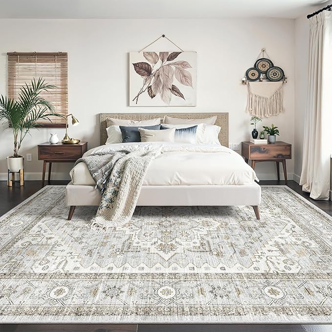 Area Rugs for Living Room - 9x12, Boho Non-Slip Low Pile Carpet Machine Washable Rugs for Bedroom, Farmhouse, Office, Dining Room (Blue)