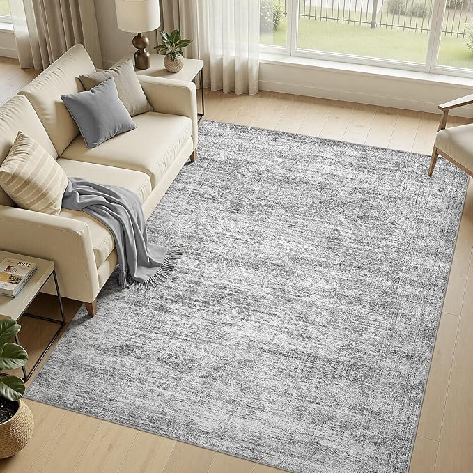 cotiled Large Area Rugs for Living Room 7x9, Machine Washable Rugs with Non Slip Backing Modern Neutral Abstract Rugs Stain Resistant Distressed Carpets for Home Office Decor (7x9 Dark Grey)