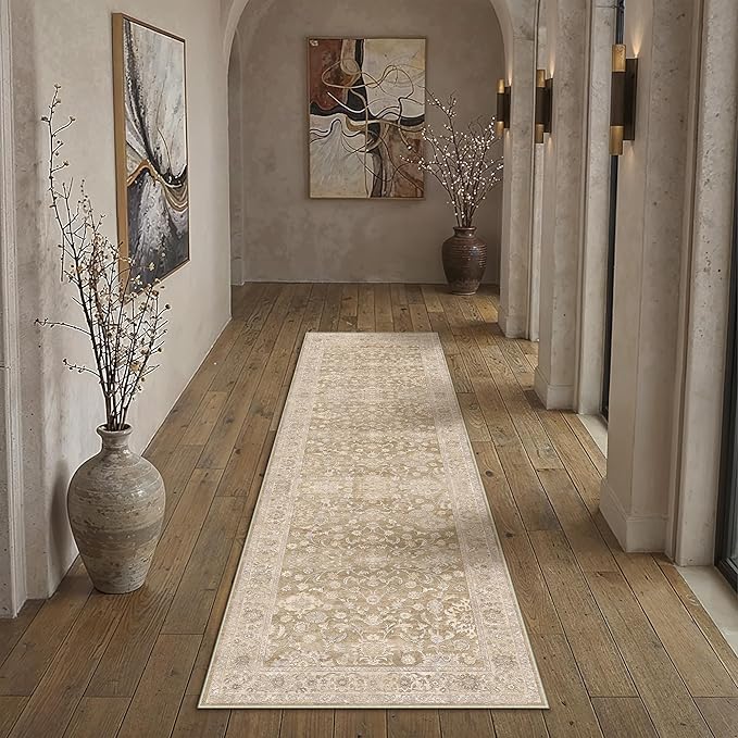 2x8 Taupe Washable Runner Rug for Living Room Bedroom Neutral Soft Floral Non Slip Runner Rug Lightweight Vintage Low Pile Distressed Runner Kitchen Hallway Porch Beside Bed Bathroom