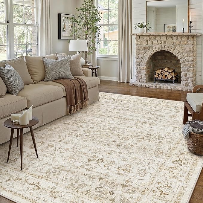 8x10 Beige Washable Neutral Area Rug for Living Room Soft Floral Non Slip Large Rug Modern Low Pile Stain Resistance Indoor Carpet Bedroom Office Playroom Office Classroom