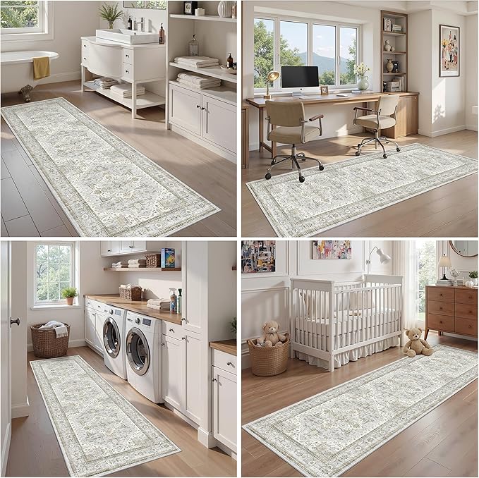 Runner Rug 2'x8' Washable Vintage Area Rugs for Hallway Non Slip Laundry Rug Runner Boho Floor Carpet Runners for Entryway Laundry Room Kitchen Bathroom (2'x8',Blue＆Beige)