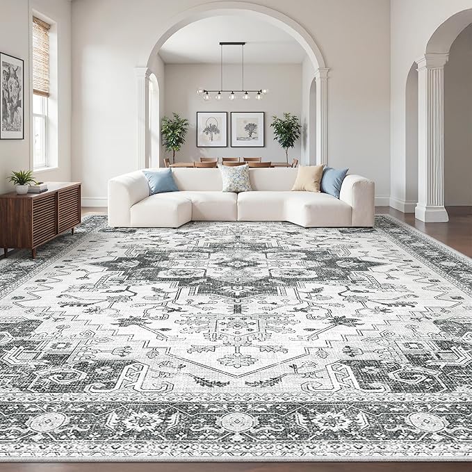Living Room 10x14 Area Rugs, Washable Area Rug Stain Resistant Carpet Vintage Soft Rugs for Bedroom with Non Slip Backing Indoor Home Decor (10'x 14',Grey)