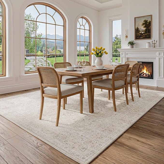 FMFUNCTEX 6x9 Washable Area Rug Neutral Beige Vintage Distressed Oriental Non Slip Low Pile Floral Rug for Living Room Bedroom Cream Traditional Soft Thin Retro Indoor Carpet for Dining Room Office