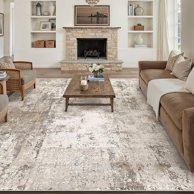 10x12 Washable Area Rug Brown Grey Abstract Non Slip Soft Low Pile Rug for Living Room Bedroom Dining Room Office Neutral Modern Indoor Large Throw Carpet for Home Decor