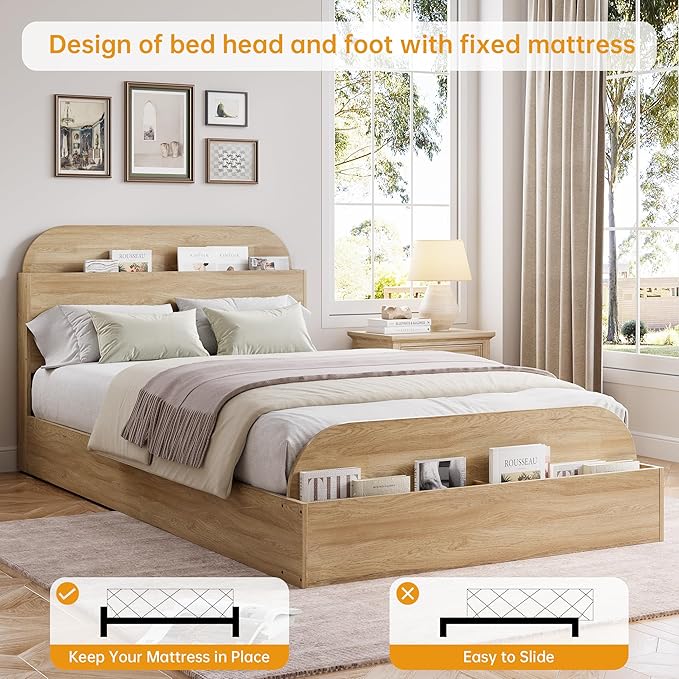 GarveeHome Twin XL Size Bed Frame, Wooden Beds with Storage Headboard and Raised-Foodboard, Twin XL-Floor Low Platform Bed for Bedroom, Sturdy Wooden Slats Support, No Box Spring Needed, Natural