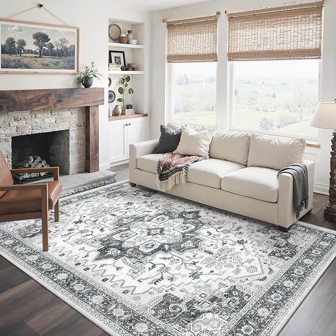 befbee Washable Area Rug 5x7, Area Rugs Stain Resistant Neutral Washable Rugs for Living Rooms Bedroom Vintage Non-Slip Thin Large Size Area Rug（Grey）