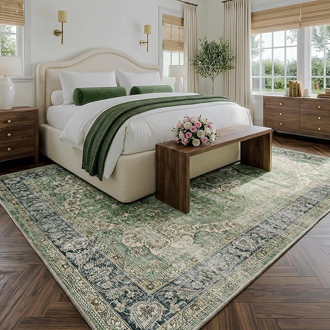 FMFUNCTEX 6x9 Green Washable Area Rug Vintage Distressed Oriental Non Slip Low Pile Neutral Indoor Carpet for Living Room Bedroom Soft Retro Floral Thin Large Rug for Dining Nursery Office Dorm