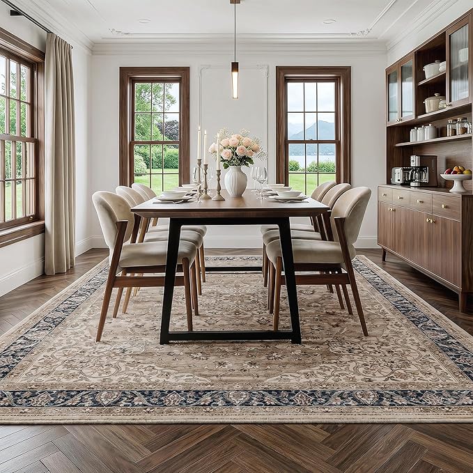 FMFUNCTEX 6x9 Brown Washable Area Rug Vintage Distressed Oriental Non Slip Low Pile Neutral Indoor Carpet for Living Room Bedroom Soft Retro Floral Thin Large Rug for Dining Nursery Office Dorm