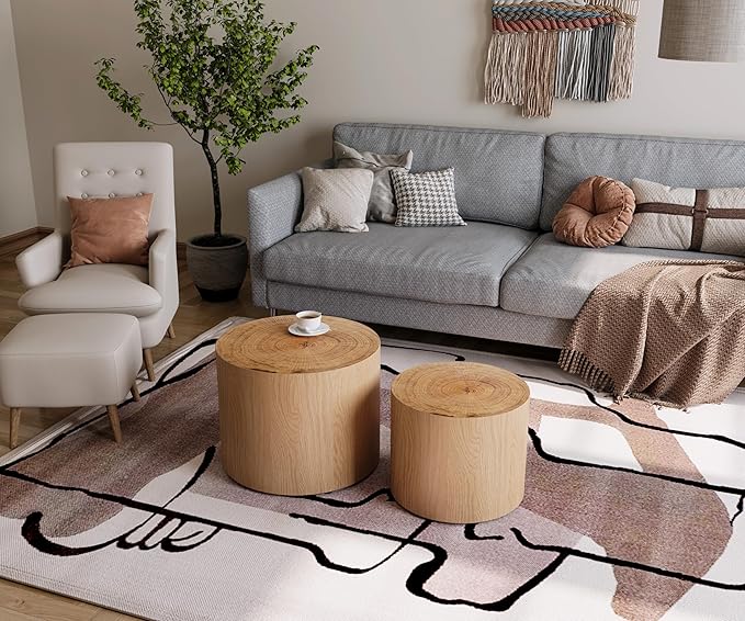 WILLIAMSPACE 18.9" Round Nesting Coffee Table Set of 2, Modern Wooden Coffee Tables Small Circle Center Table for Living Room, Accent End Table Set, No Assembling (Natural Wood)