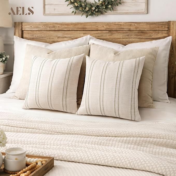 AELS 18x18 Decorative Farmhouse Linen Blend Throw Pillow Covers, Boho Textured Pillow Case, Set of 2, Beige with White & Brown Stitch Yarn Dyed Stripe Cushion Cover for Sofa Living Room (Cover ONLY)
