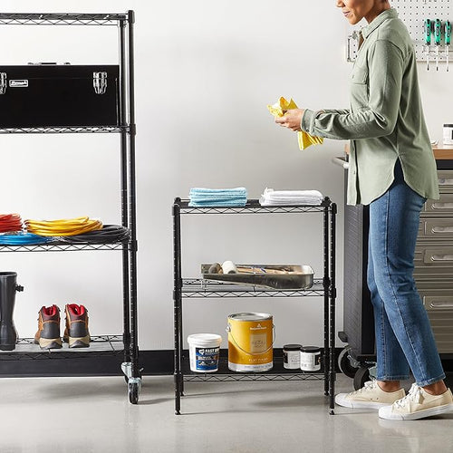 Amazon Basics 3-Shelf Adjustable Heavy Duty Steel Wire Rack Storage Shelving Organizer with Storage Space, Versatility and Ease of Use for Kitchen, Garage, 23.2" L x 13.4" W x 30" H, Black