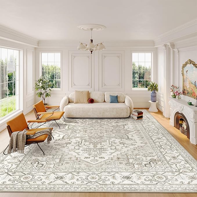 befbee 8x10 Area Rugs for Living Room, Stain Resistant Neutral Washable Rugs for Dining Room, Vintage Non-Slip Thin Large Size Beige Area Rug, Printed Vintage Home Decor Rug（Beige）