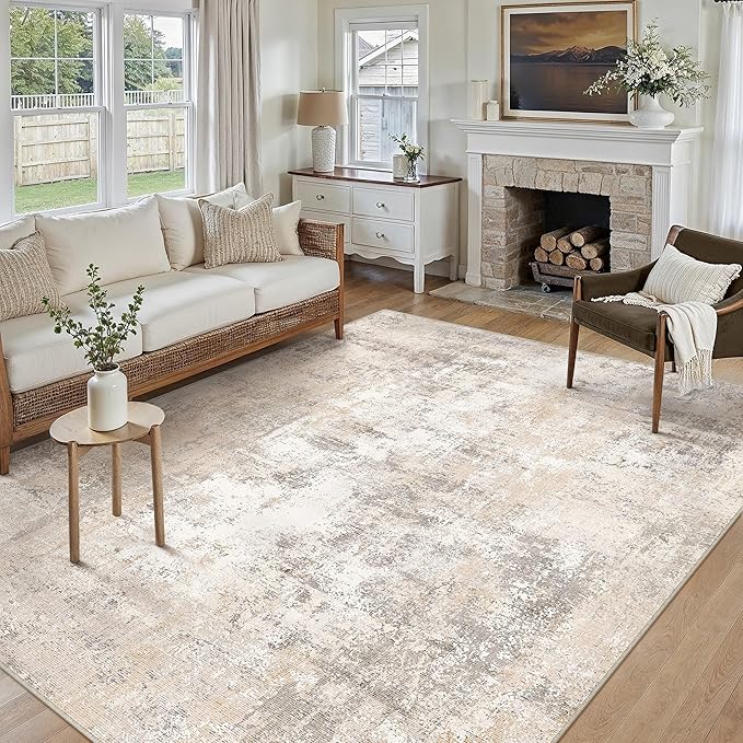 6x9 Washable Area Rug Beige Grey Abstract Non Slip Soft Low Pile Rug for Living Room Bedroom Dining Room Office Neutral Modern Indoor Throw Carpet for Home Decor