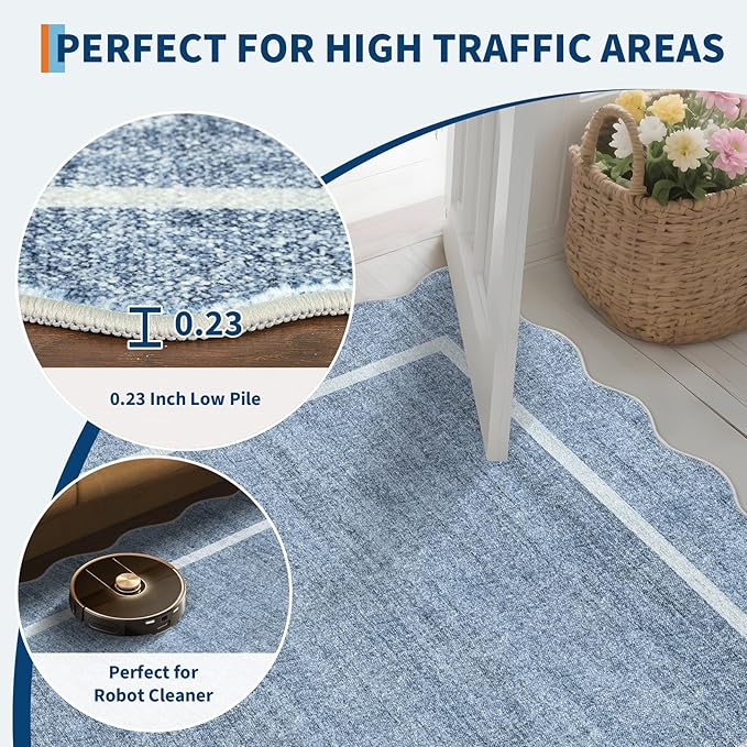 GarveeHome Scalloped Washable Rug 4x6, Blue Boho Living Room Area Rug, Bordered Non-Slip Farmhouse Bedroom Carpet Dorm Room Throw Rug, Low Pile Soft Accent Mat for Kitchen Entry Office 4 ft x6 ft Blue