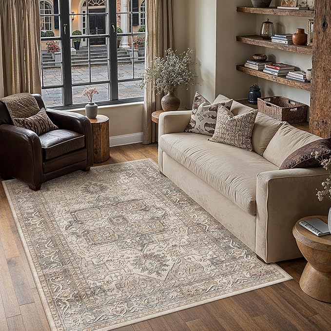 5x7 Washable Vintage Area Rug Brown Oriental Living Room Bedroom Throw Rug Neutral Non Slip Soft Low Pile Carpet for Dining Room Office Nursery Indoor
