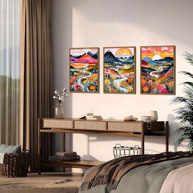 Floating Framed Large Boho Colorful Wall Art, Abstract Watercolor Mountain Landscape Wall Decor Painting Set of 3, Modern Flower Aesthetic Posters Prints for Living Room Bathroom Bedroom 16x24 Inch