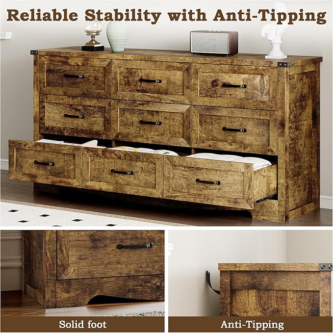 BORNOON 9-Drawer Dresser for Bedroom, Modern Wooden Chest of Drawers with Metal Handles, Anti-Tipping Design, Sturdy and Stable Storage Organizer for Living Room, Entryway, Home Office