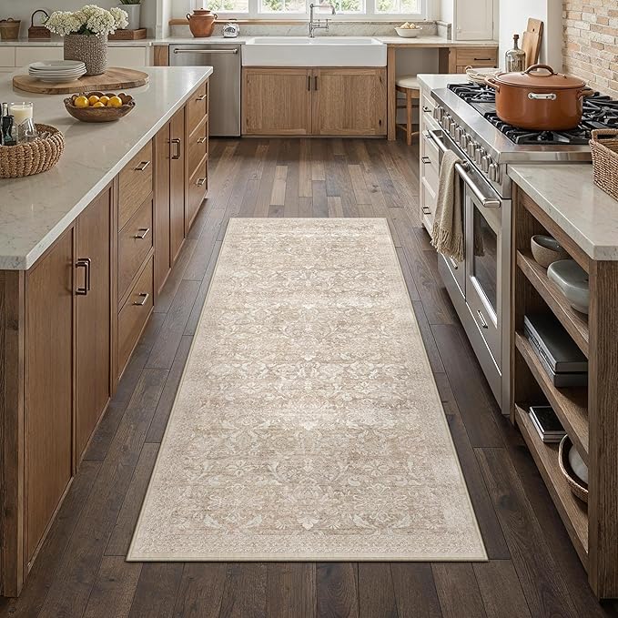 PureCozy 2x6 Runner Rug Non Slip Washable Beige Vintage Hallway Kitchen Carpet Indoor Small Low Plie Thin Bathroom Rug Retro Accent Throw Laundry Rugs