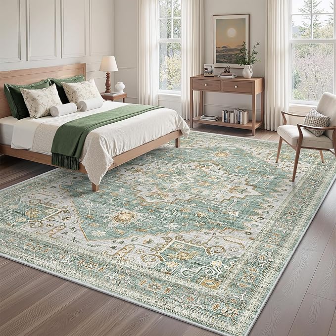 befbee Washable Area Rug 5x7, Area Rugs Stain Resistant Neutral Washable Rugs for Living Room Bedroom Vintage Non-Slip Thin Large Size Area Rug（Green）
