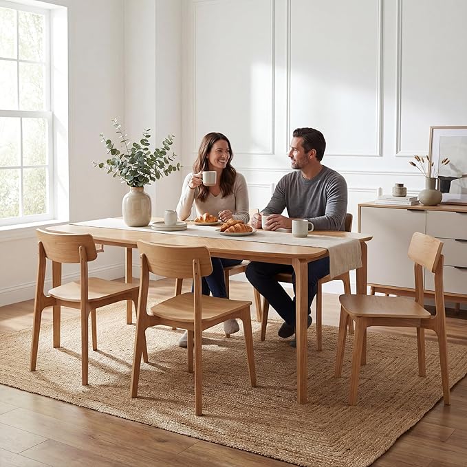 HNY Modern Curved Edge Dining Table, 63" Solid Wood Kitchen Table with Herringbone Pattern Mid-Century Rectangular Dinner Table for 6-9 People, Natural Oak Finish