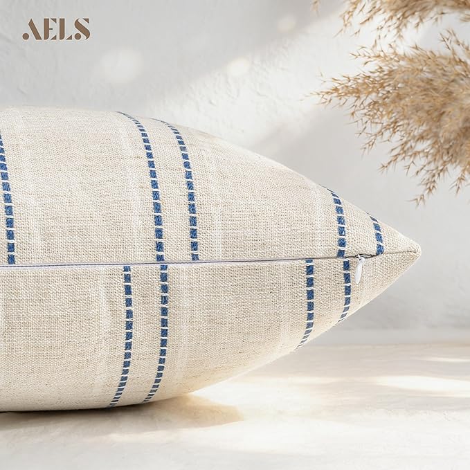 AELS 16x16 Decorative Farmhouse Linen Blend Throw Pillow Covers, Boho Textured Pillow Case, Set of 2, Beige with White & Navy Blue Stitch Yarn Dyed Stripe Cushion Cover for Living Room (Cover ONLY)