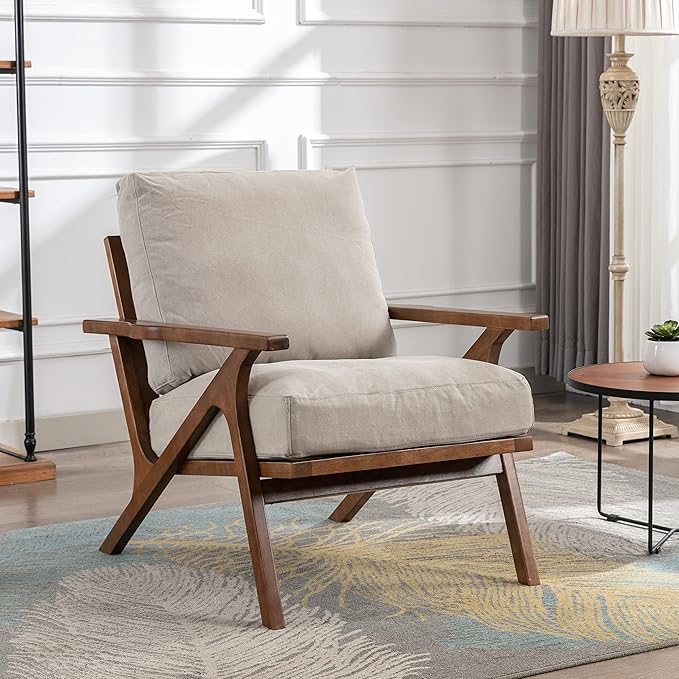 chairus Mid-Century Modern Accent Chair, Comfy Upholstered Lounge Armchair with Removable Cushions & Solid Wood Frame, Reading Chair for Living Room Bedroom Office, Beige Denim Fabric