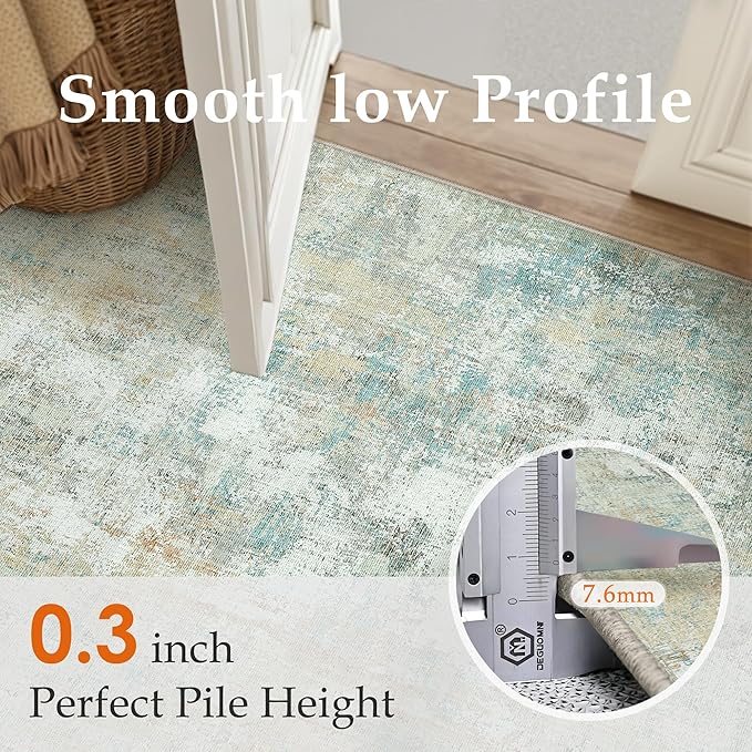 10x14 Washable Area Rug Teal Beige Abstract Non Slip Soft Low Pile Rug for Living Room Bedroom Dining Room Office Neutral Modern Indoor Large Throw Carpet for Home Decor