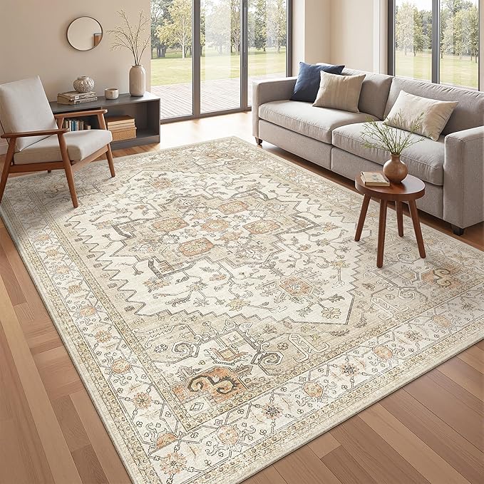 Area Rugs for Living Room - 6x9, Boho Non-Slip Low Pile Carpet Machine Washable Rugs for Bedroom, Farmhouse, Office, Dining Room (Gold)
