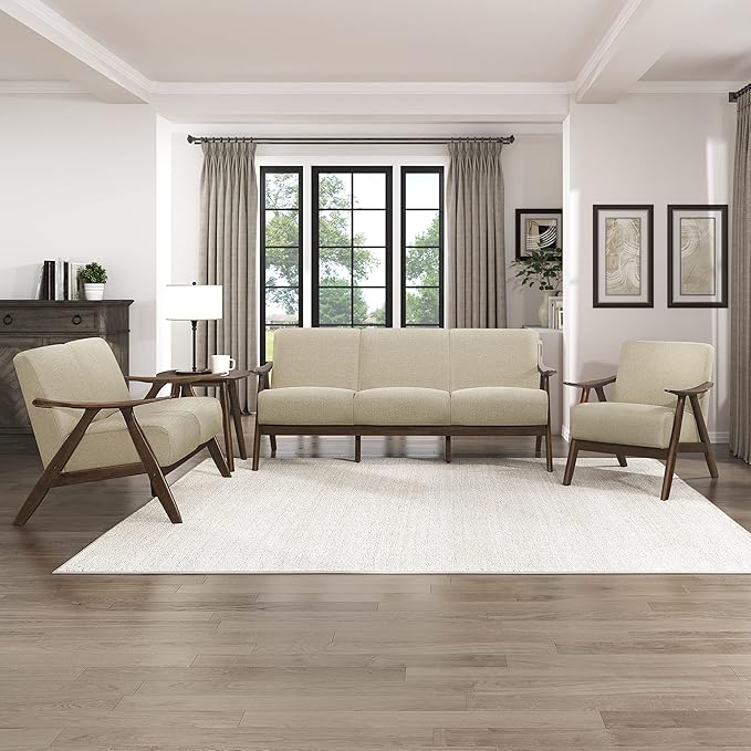 Lexicon Mid Century Modern Accent Chair with Solid Wood Frame in Walnut Finish, Upholstered Living Room Lounge Arm Chair, Thick and Comfy Innerspring Seat Cushion, Linen-Look Fabric, Light Brown