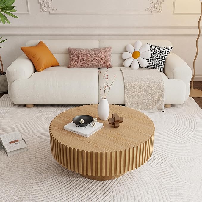 31.49" Round Coffee Table Wood, Modern Drum Fluted Oak Coffee Table for Living Room, Contemporary Minimalist Low Circle Center Table Side Table for Apartment, Farmhouse, Office Natural Ash